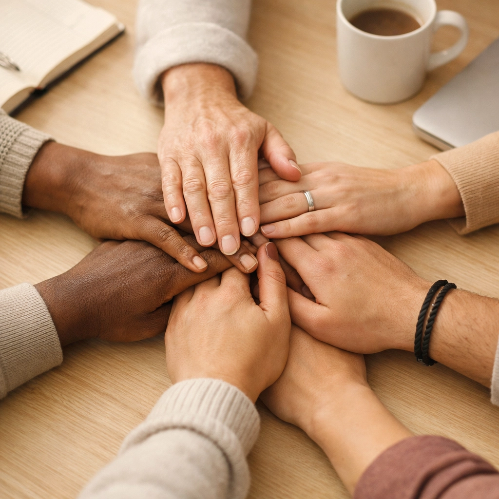 Diverse team members' hands joined together symbolizing human connection and workplace collaboration