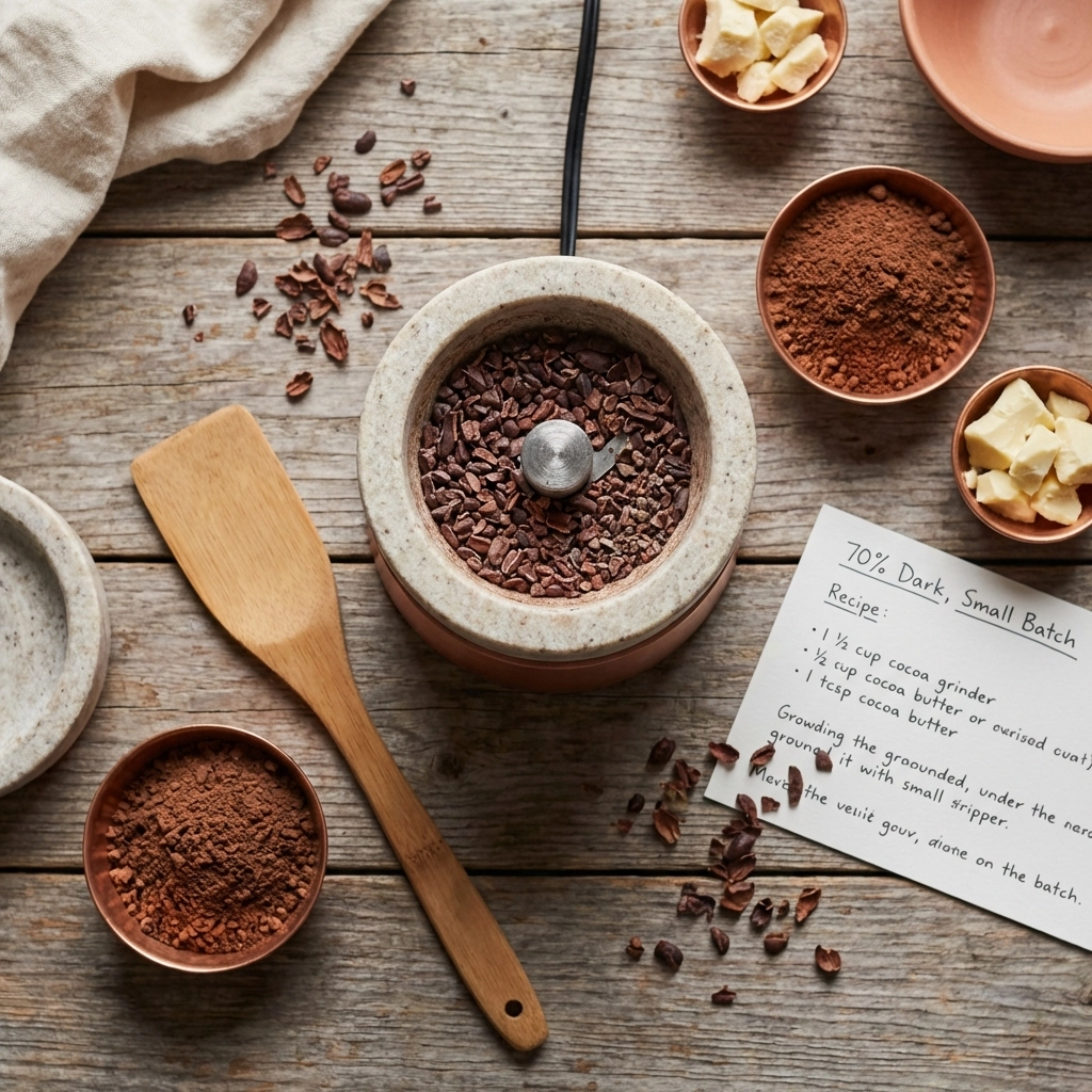 Overhead view of a chocolate maker's workspace with a compact grinder, tools, and cacao, reflecting artisanal chocolate production.