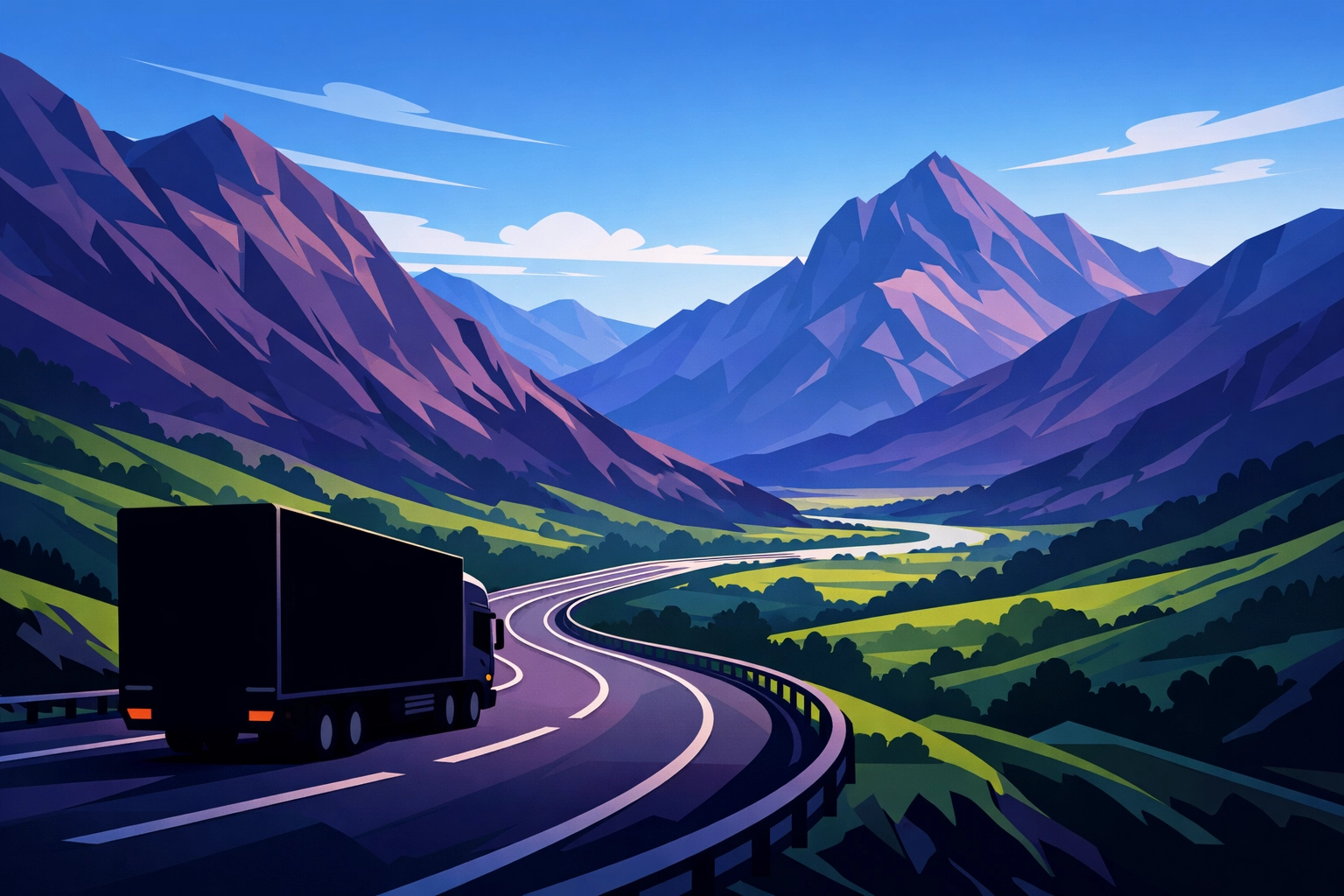 HGV driving through the mountainous Cumbrian fells on a scenic North West long-haul route.