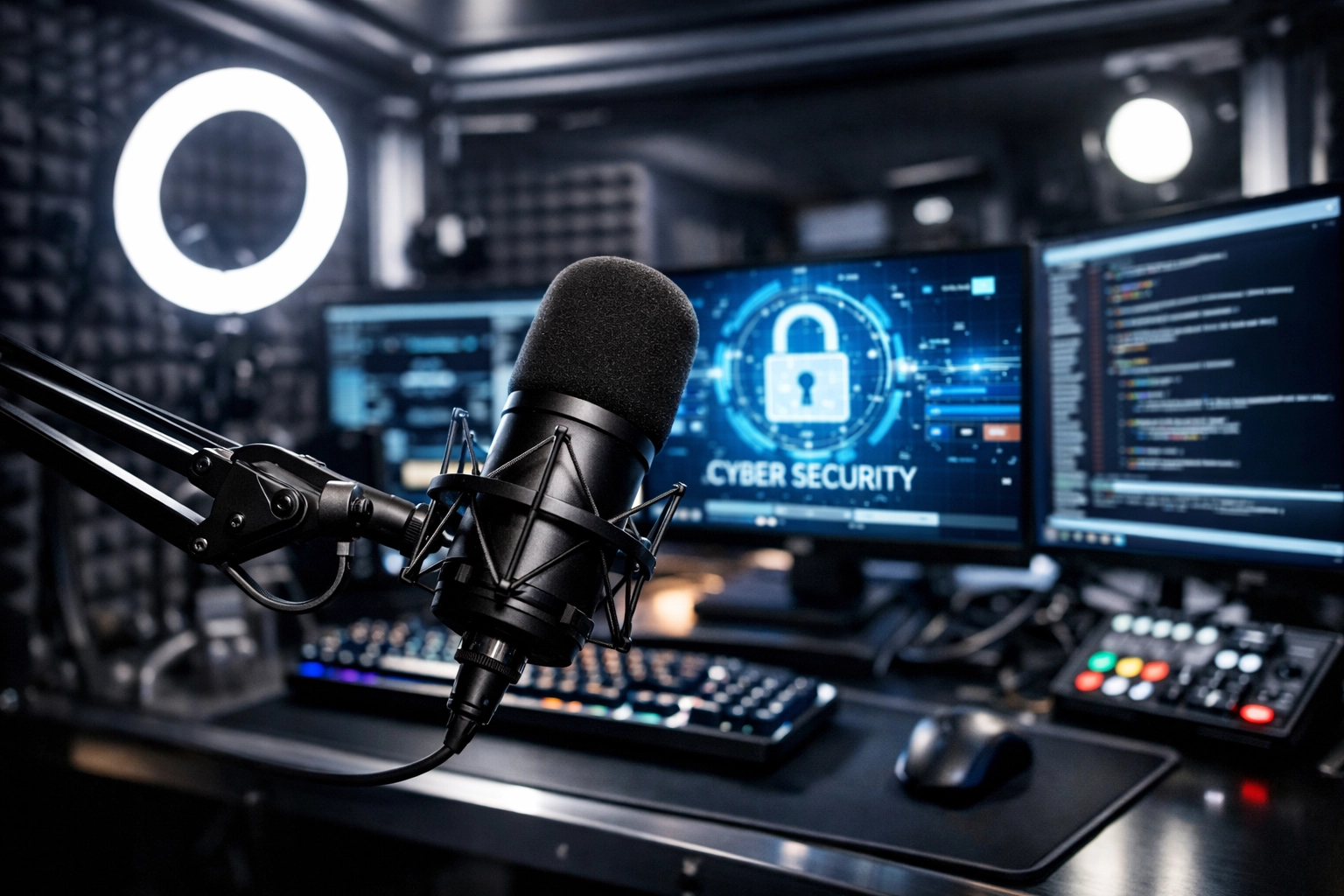 State-of-the-art content creation pod equipped with professional screens and a microphone for digital production.