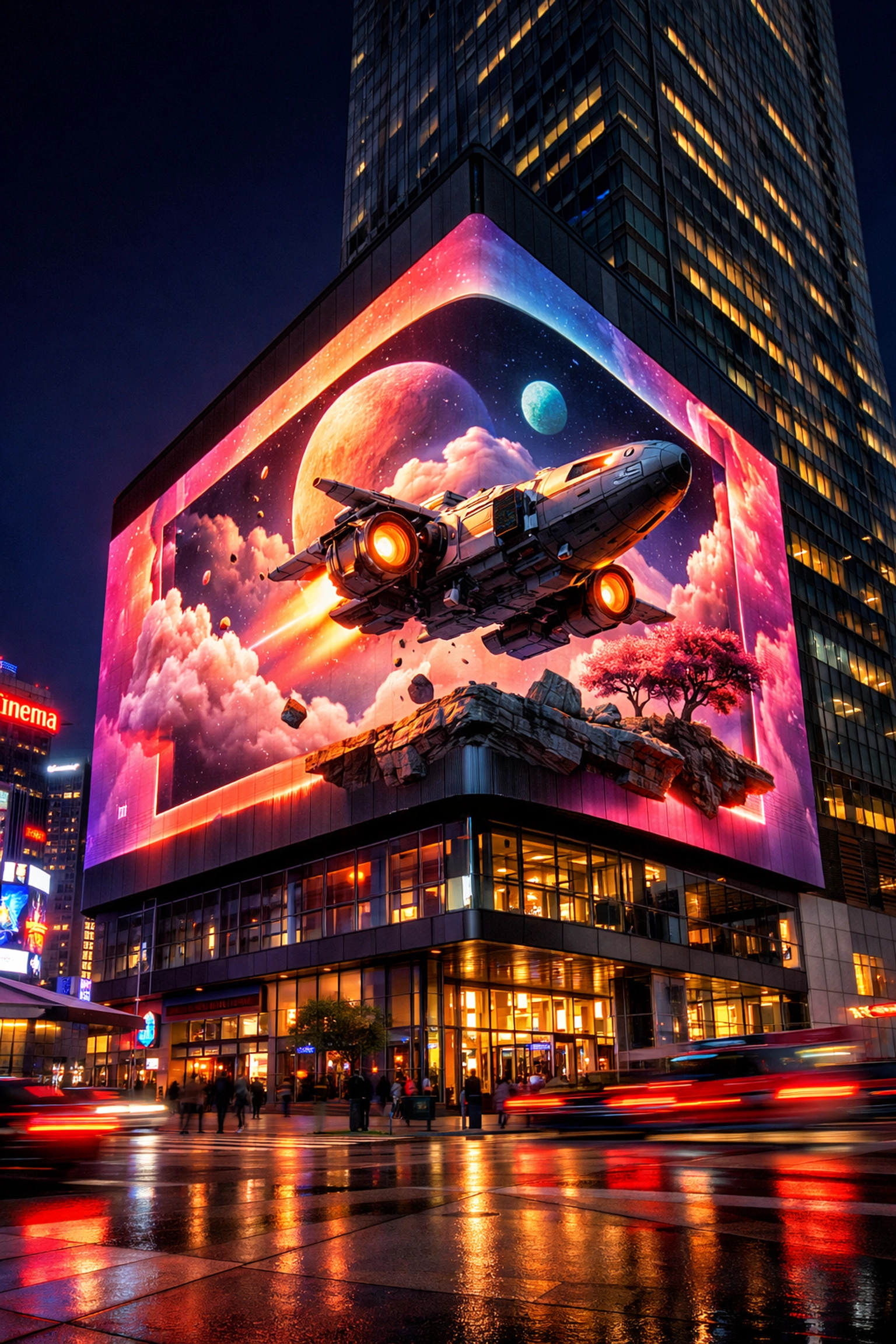 High-impact 3D digital signage on a city skyscraper creating an immersive brand experience.