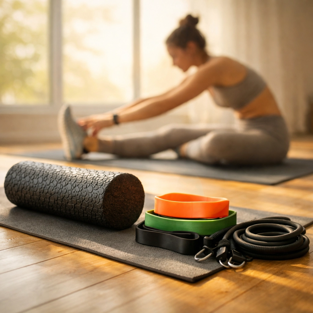 Athletic recovery equipment including foam roller and resistance bands for injury prevention training