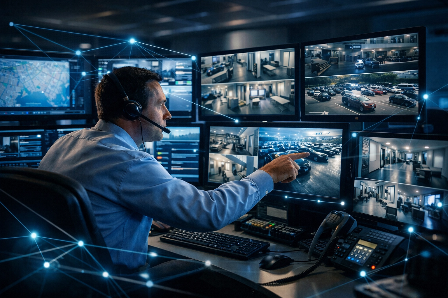 911 dispatcher monitoring live security camera feeds from Michigan business during emergency response