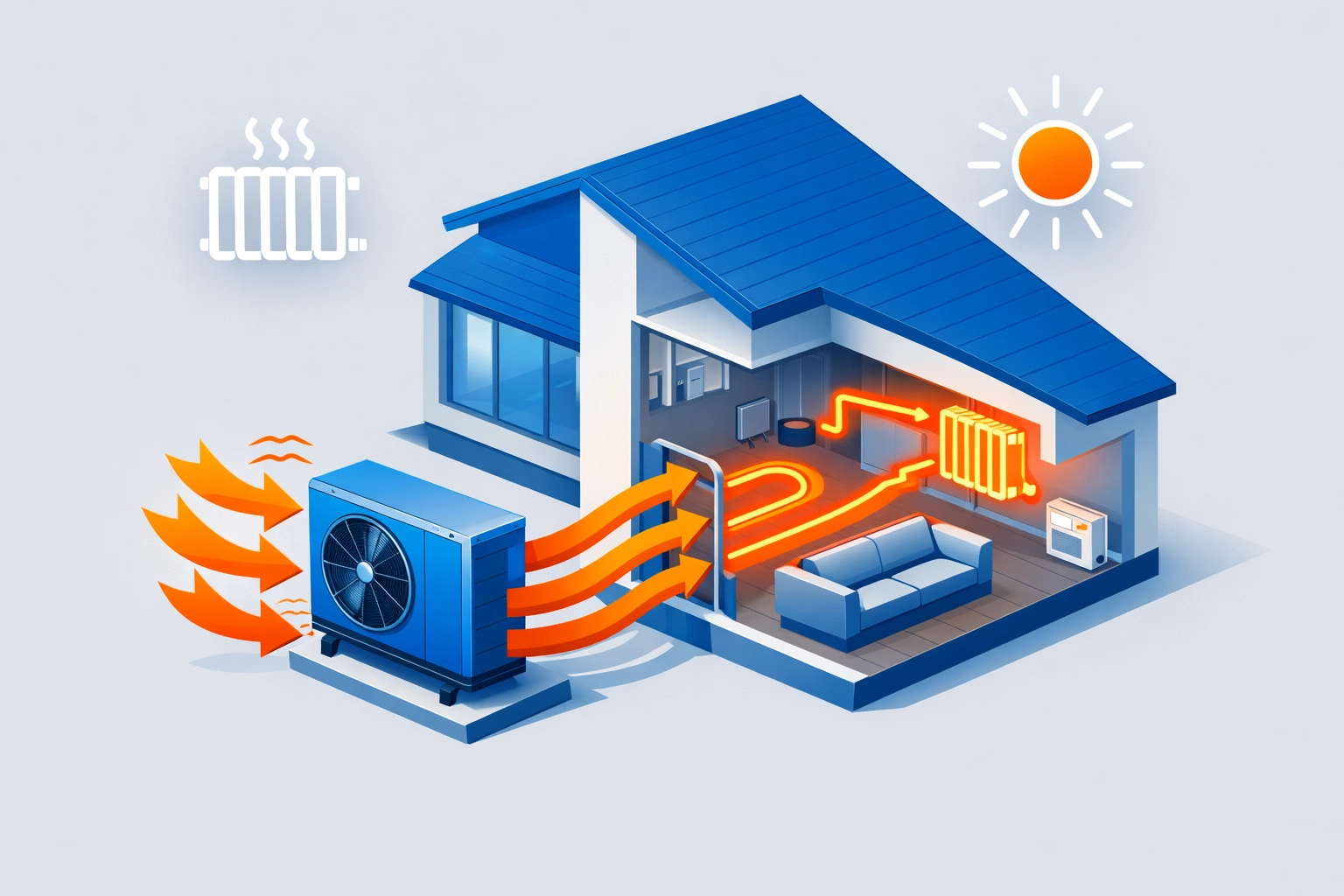 Isometric diagram of an air source heat pump providing eco-friendly heating and efficiency for a Surrey home.