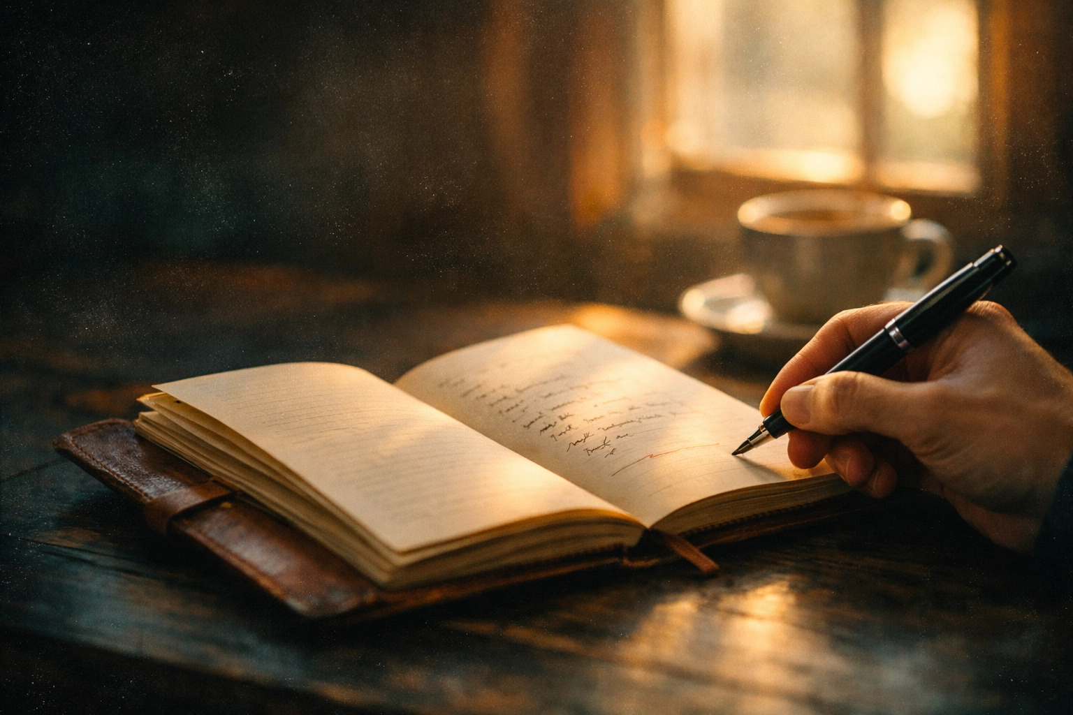 Hand writing Christian testimony in open journal