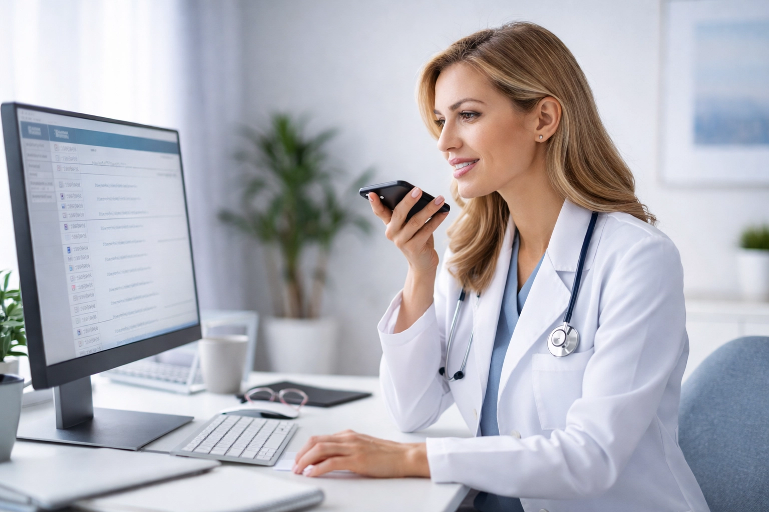 Female physician speaking into smartphone and reviewing notes, illustrating voice dictation for faster medical documentation