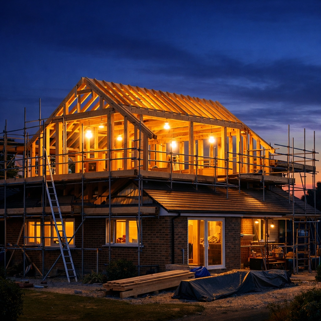 West Sussex bungalow undergoing a second-floor transformation with professional structural framing.