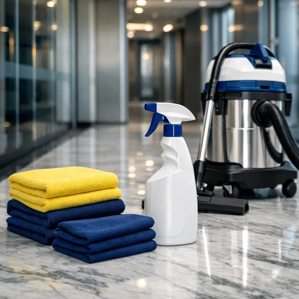 High-end commercial office cleaning supplies and professional sanitation tools.