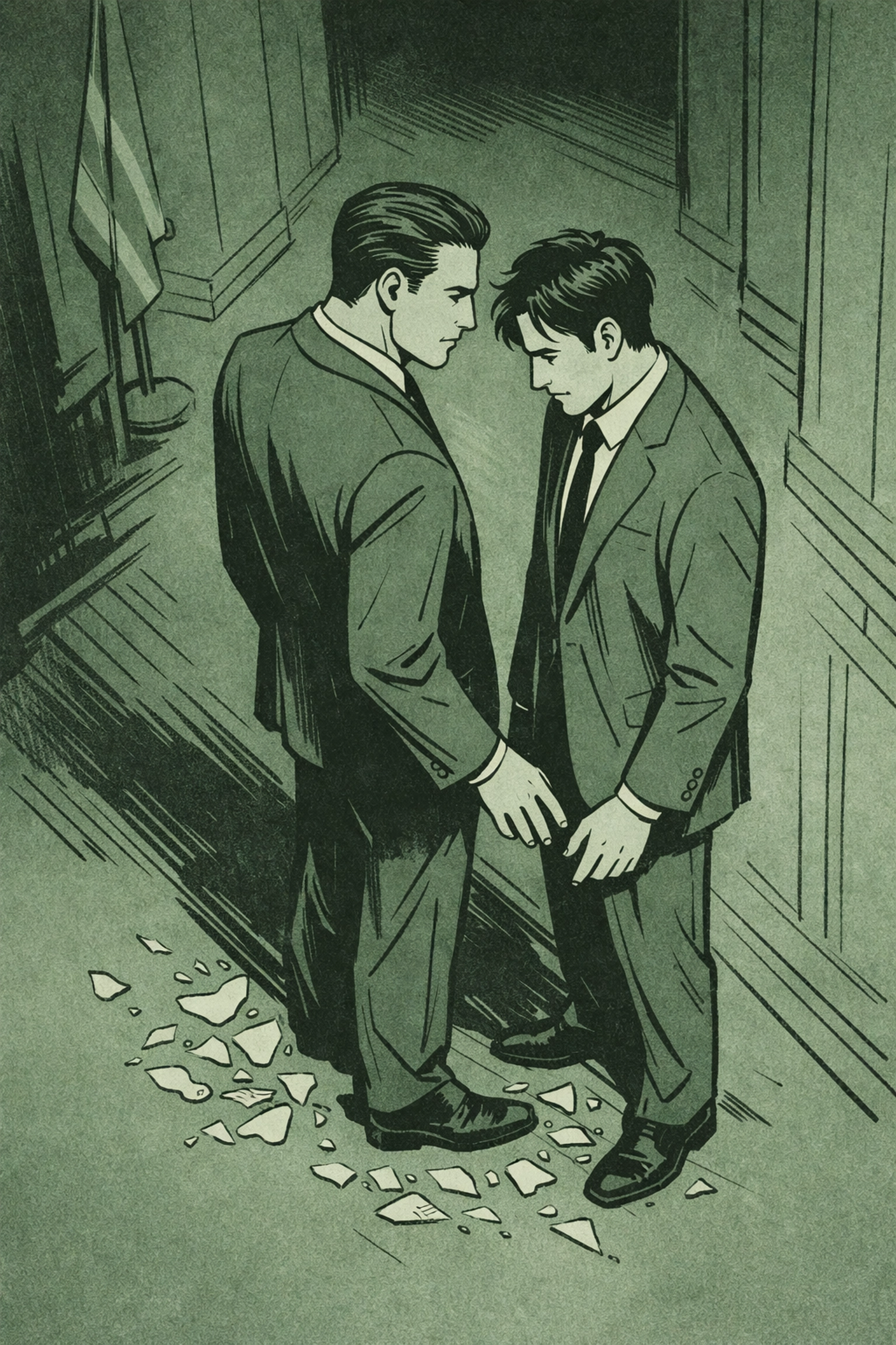 Two men in suits nearly touching hands in political corridor - MM romance forbidden love and power dynamics