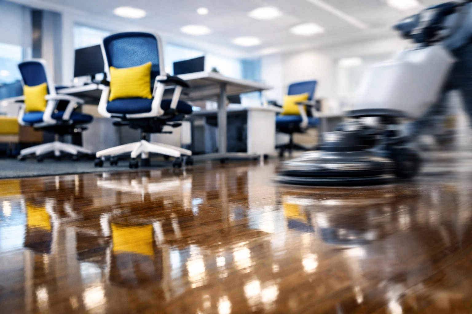 High-tech Boston office workspace with polished hardwood floors maintained by efficient commercial cleaning services.