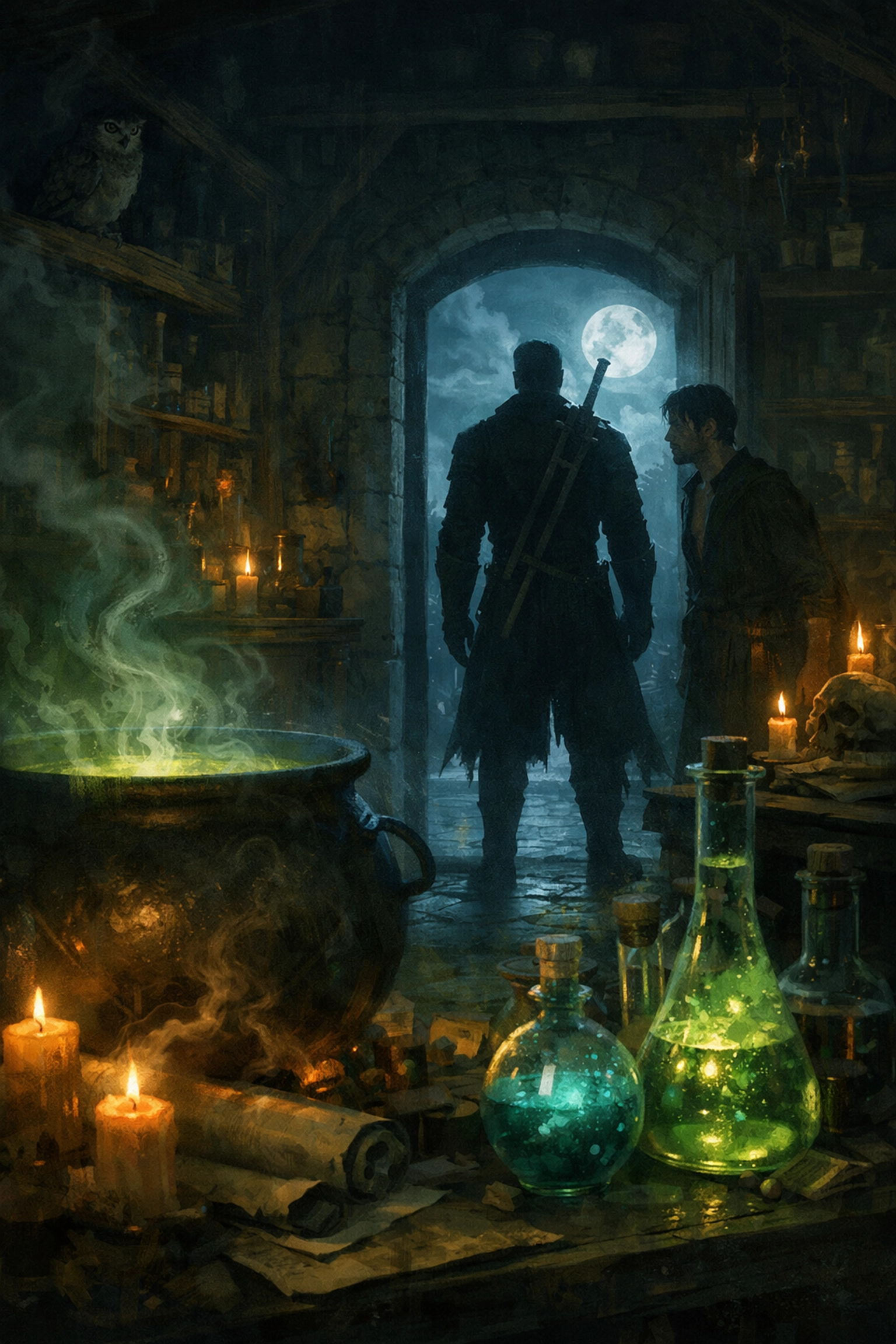 Witcher arrives at alchemist's workshop at night - MM fantasy romance scene