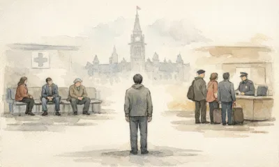 A lone individual stands at the centre, facing Parliament Hill amid faint images of healthcare and border security scenes: an illustration capturing major policy themes affecting Canadians in 2026.