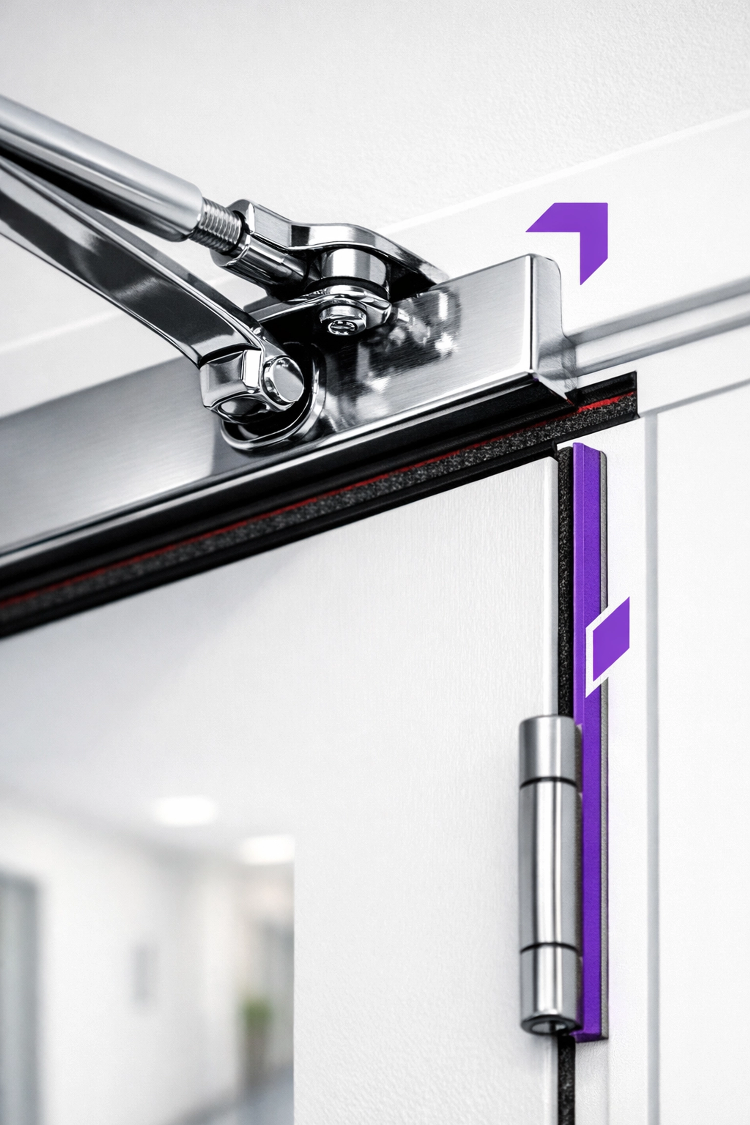 Close-up of a fire door showing a self-closer arm and smoke seals for block safety.