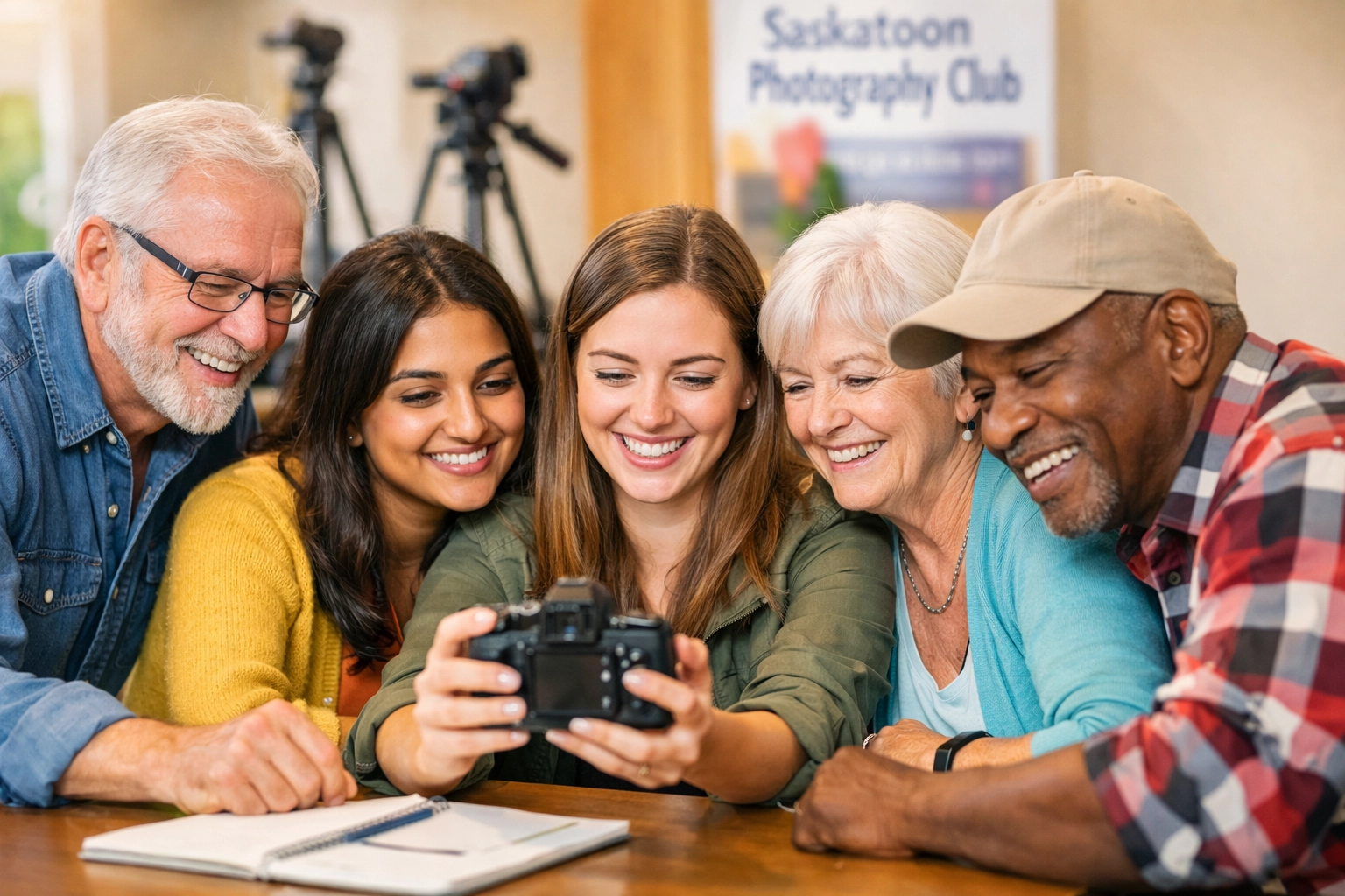 Saskatoon Photography Club members collaborating and reviewing photos together during a club meeting.