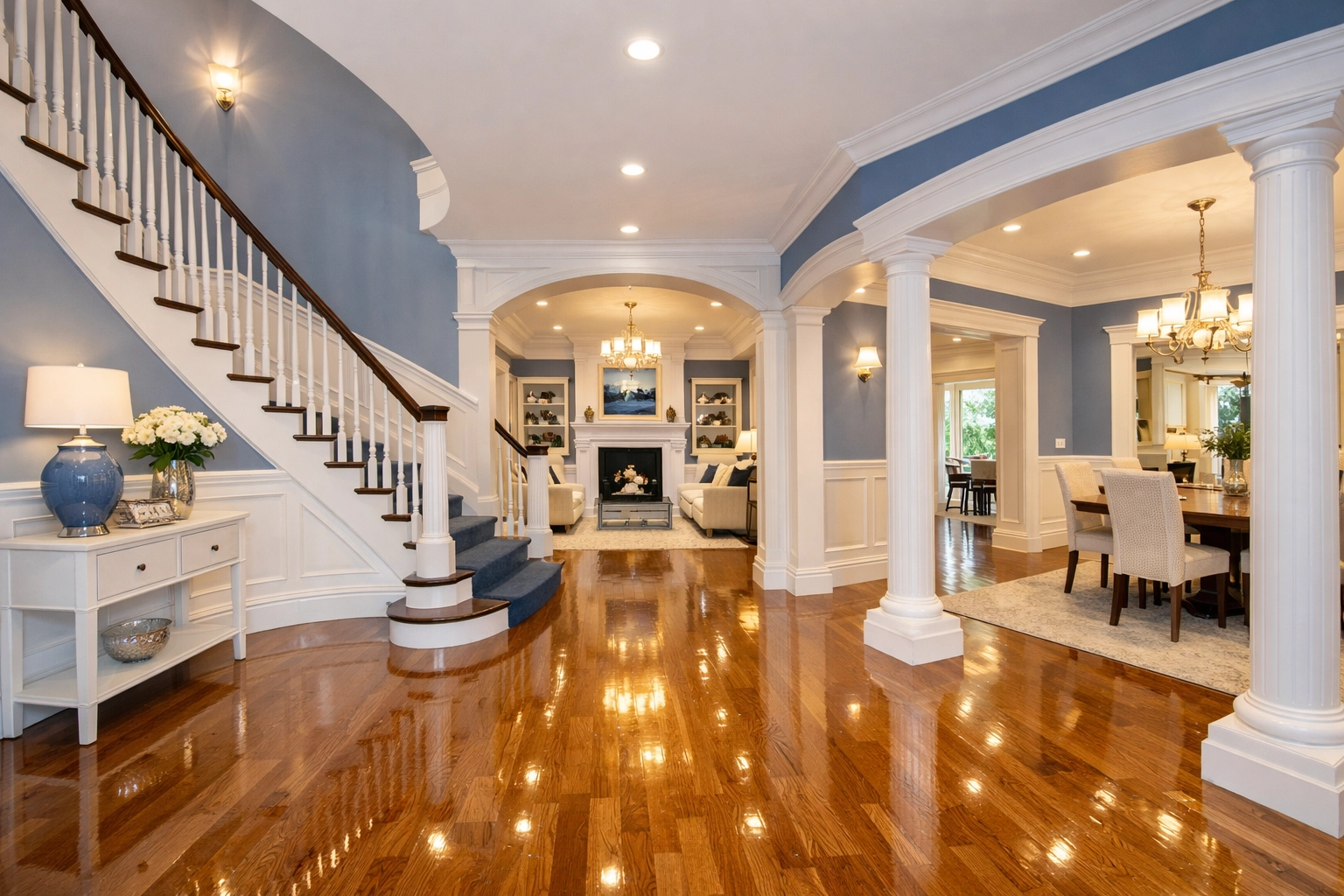 A grand entryway with perfectly mopped floors showcasing expert house cleaning in Lowell MA.
