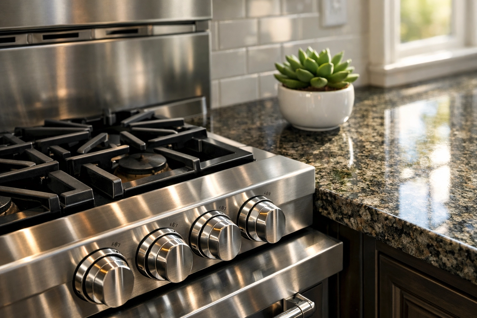 Sparkling move-in ready kitchen with clean granite countertops and stainless steel stove in a Detroit rental unit.