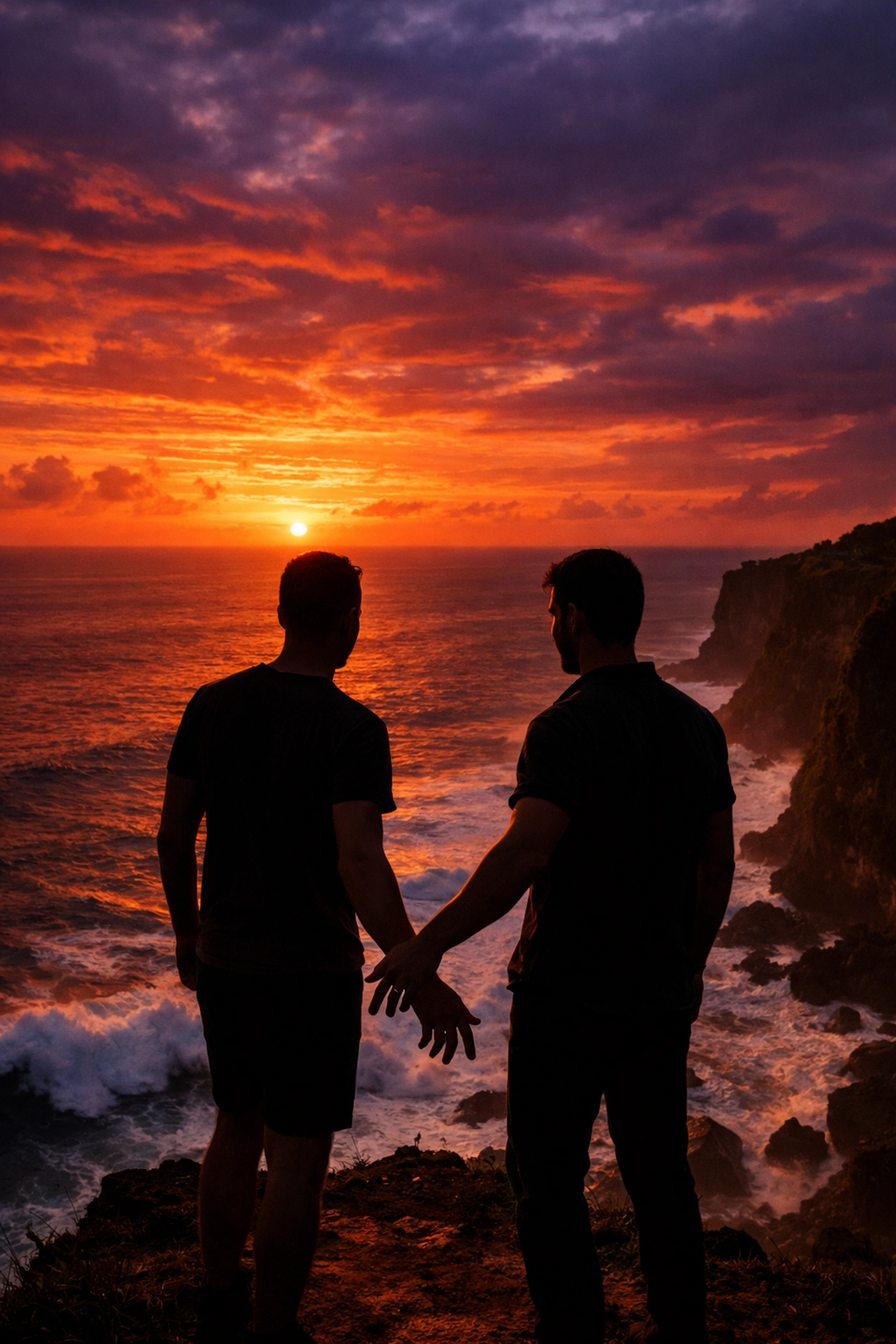 Gay couple silhouetted on Uluwatu cliff at sunset overlooking Indian Ocean in Bali