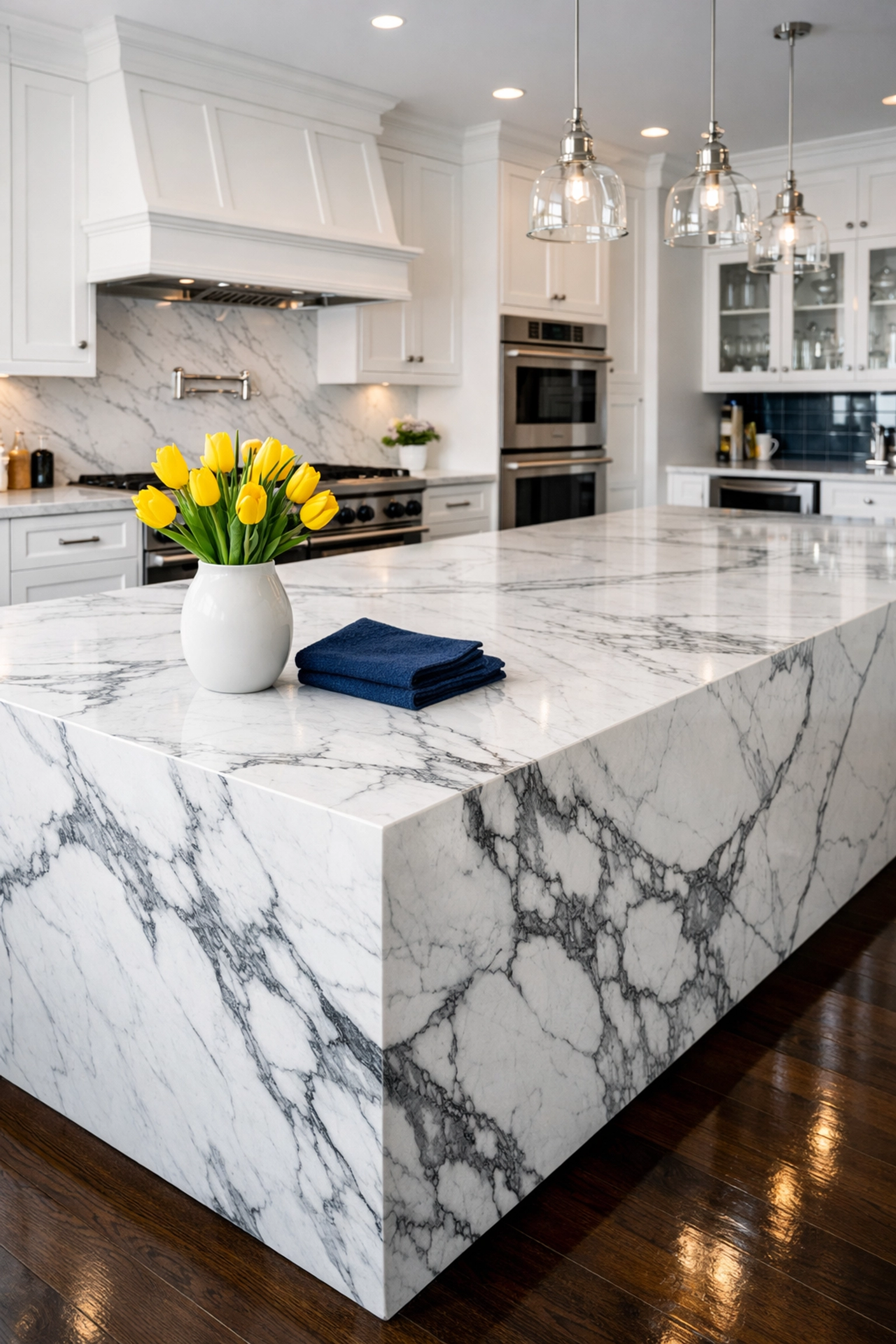 Pristine marble kitchen reflecting the meticulous care of luxury house cleaning services MA.