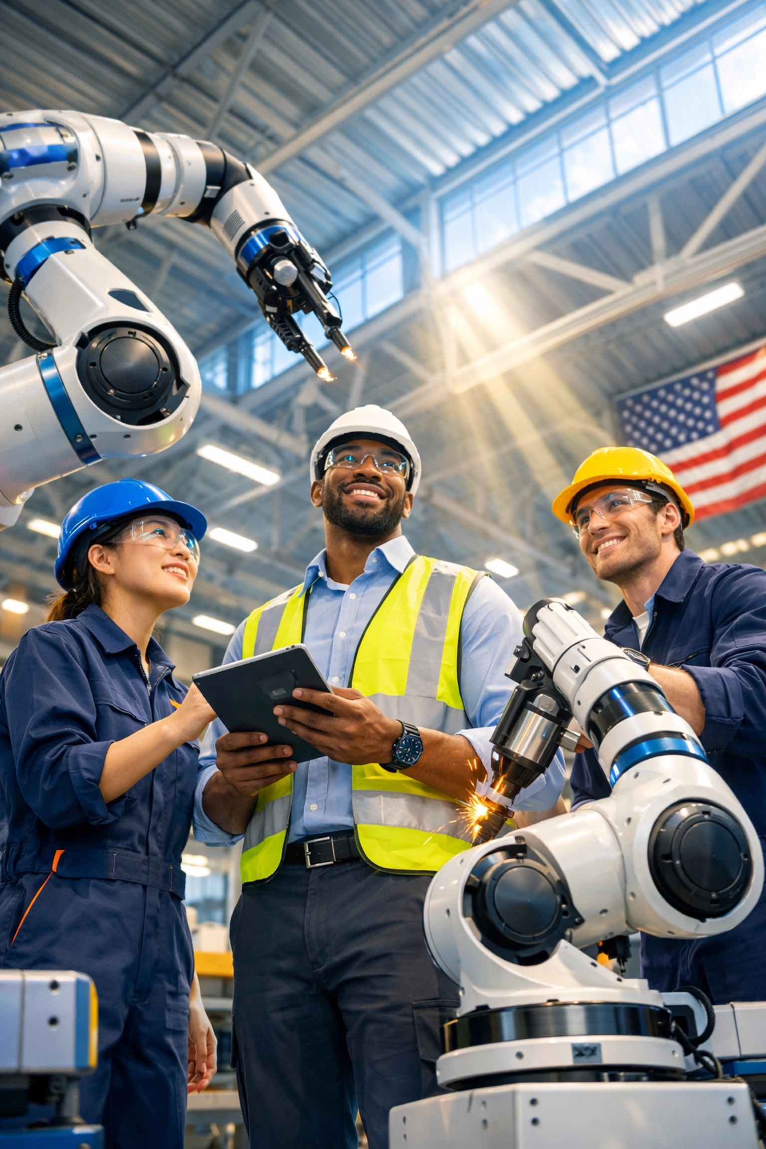 Workers and advanced robotics collaborating on a bright, modern American manufacturing floor.