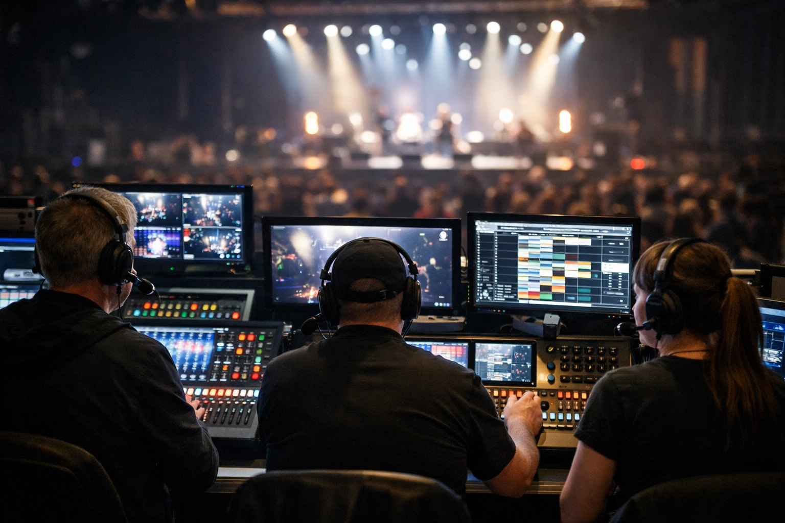 Technical crew at a production control station ensuring seamless execution and audio-visual excellence for a live event.
