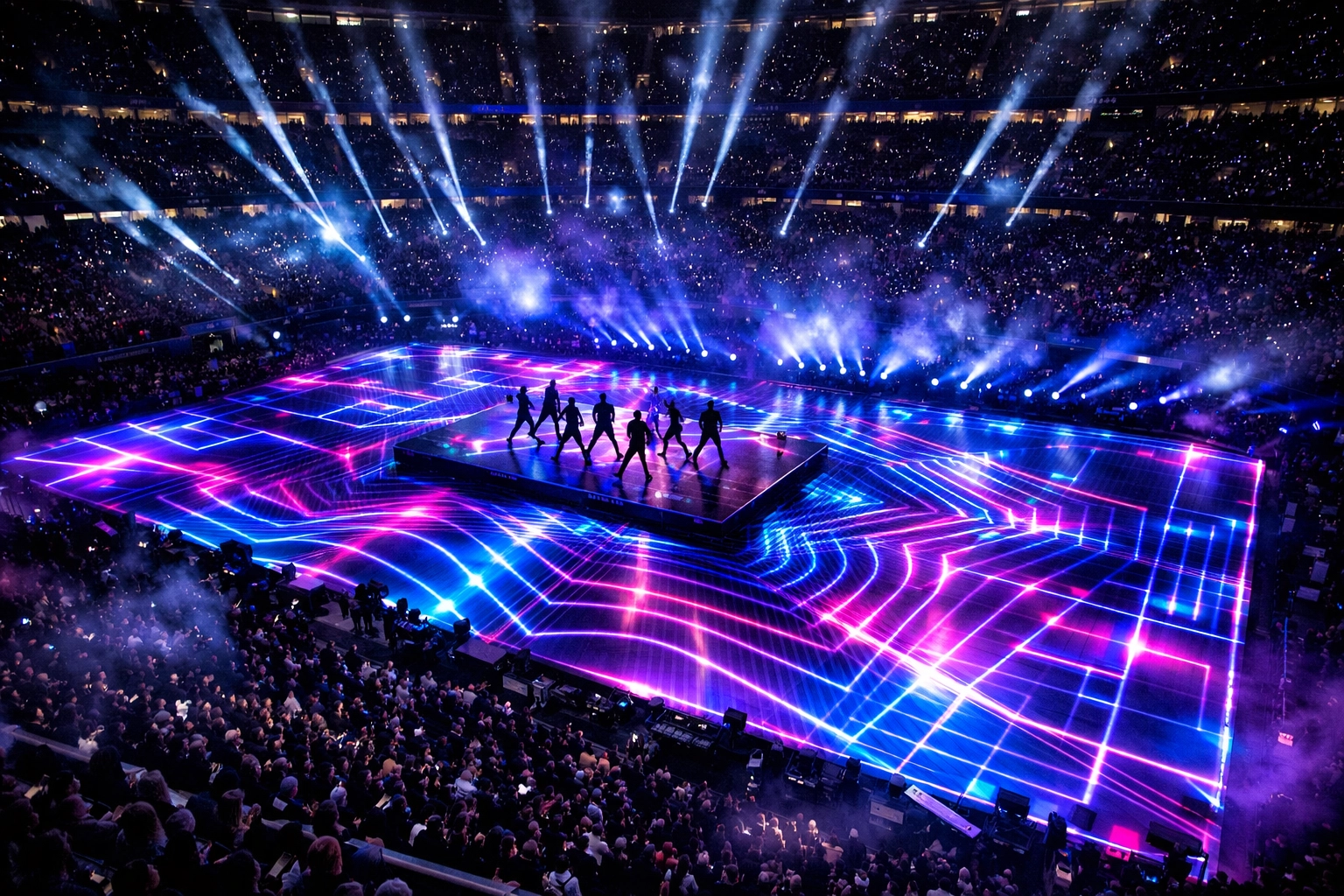 Super Bowl halftime show stage with projection mapping technology creating light effects