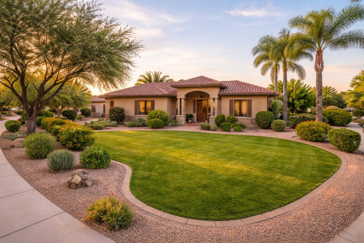 Corner lot home in Phoenix suburb with large green yard and mature landscaping, ideal for family-friendly living