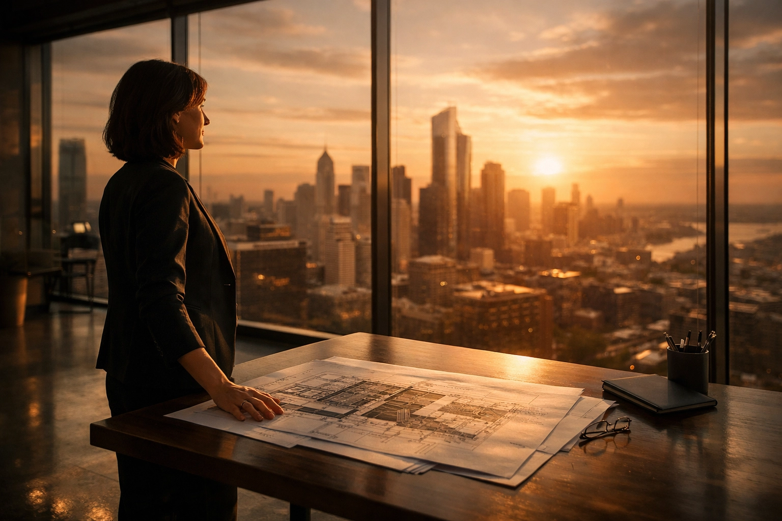 Professional architecting a new career path in a modern office, representing strategic reconstruction after disruption.