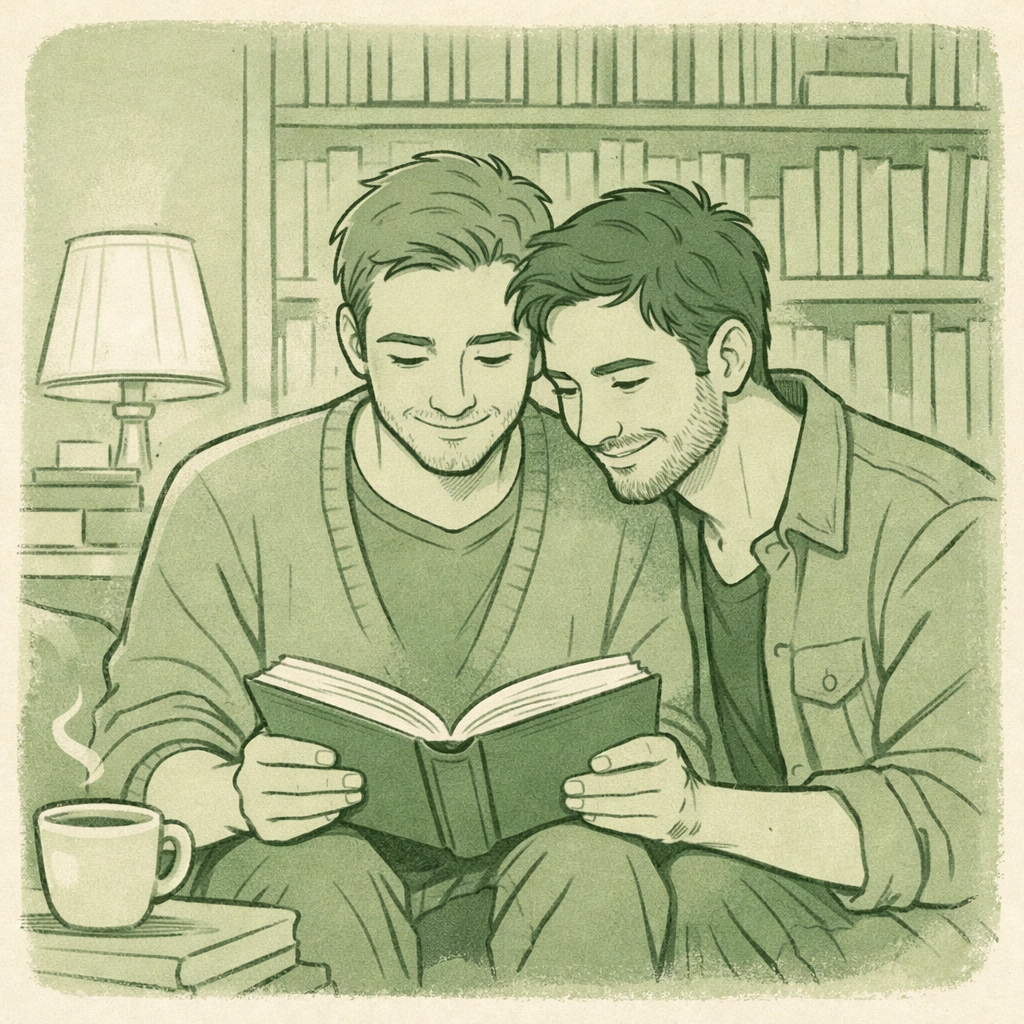 Two men reading LGBTQ+ literature together in safe bookshop