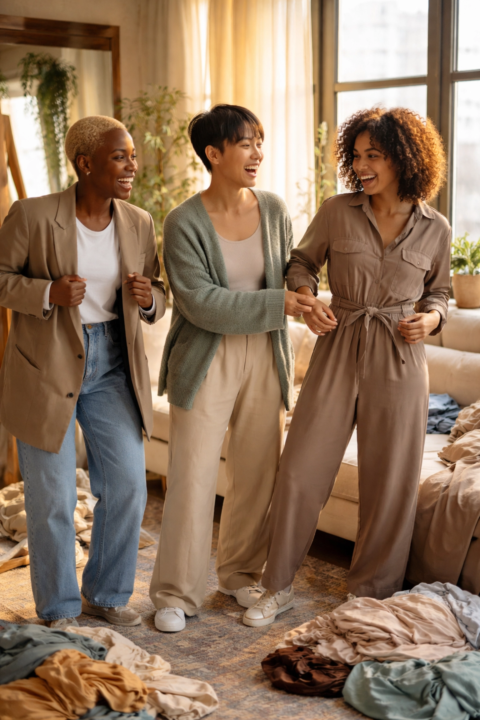 Diverse friends trying on gender-neutral outfits in a cozy space, illustrating affirming and joyful shopping experiences.