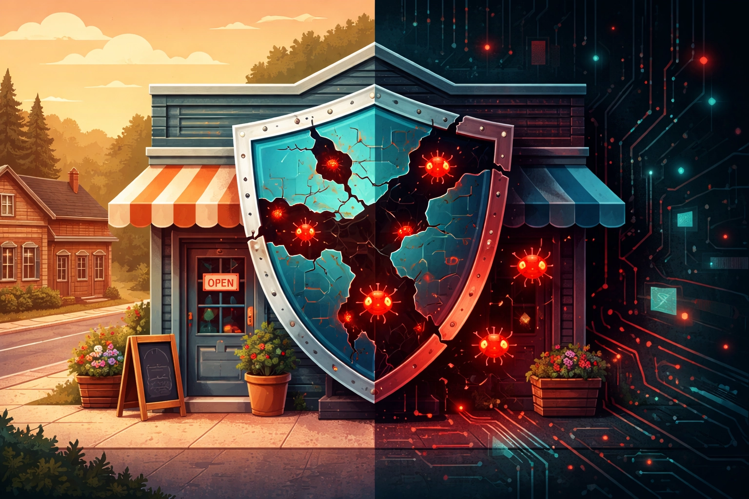 Northern Michigan business storefront with a vulnerable digital shield, illustrating cybersecurity risks of budget IT services.