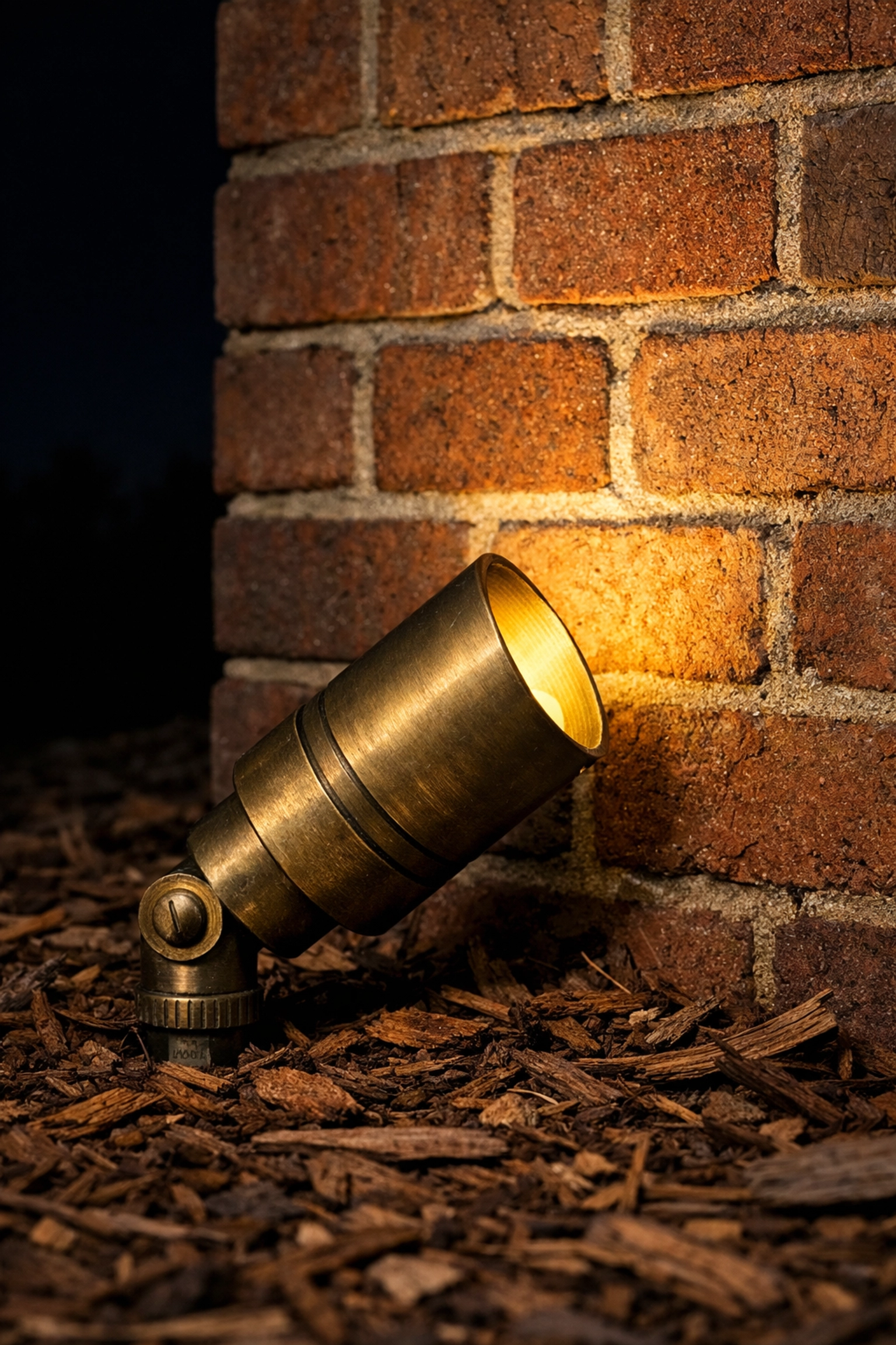 Durable brass landscape light fixture highlighting a brick home in Central KY for long-term safety.
