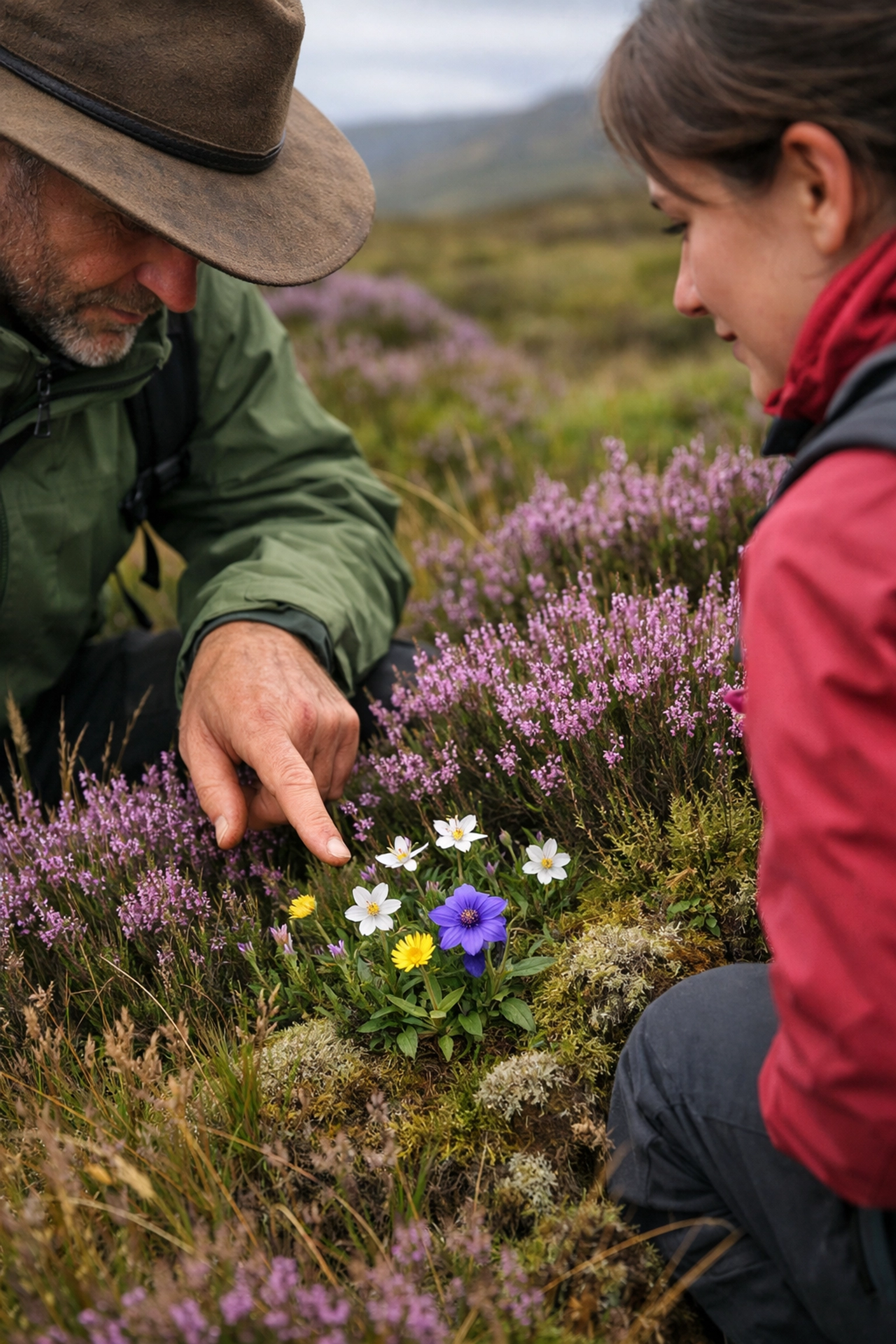 A local hiking guide shows rare wildflowers to a traveler on the peaceful Scottish moorlands.
