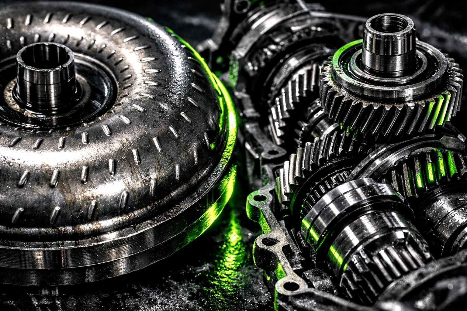 Heavy-duty transmission gears and performance torque converter for handling increased diesel engine power.