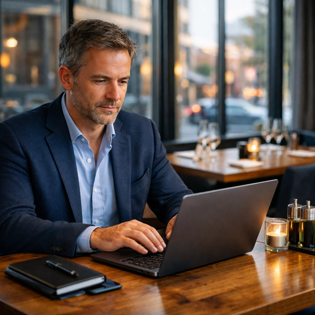 Restaurant owner using a laptop to manage digital risk and business insurance compliance.