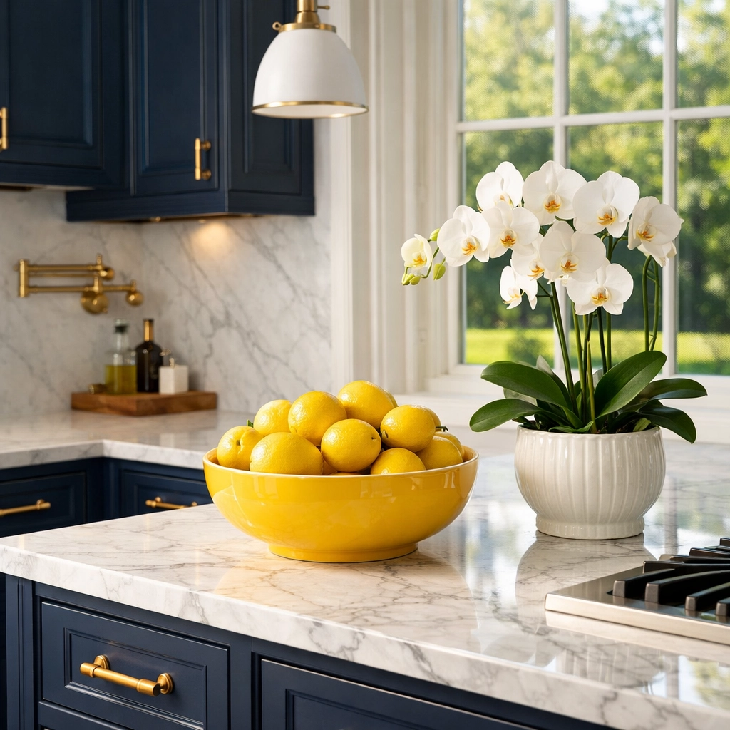 Luxury house cleaning Sudbury MA kitchen with marble countertops and spotless navy cabinetry.