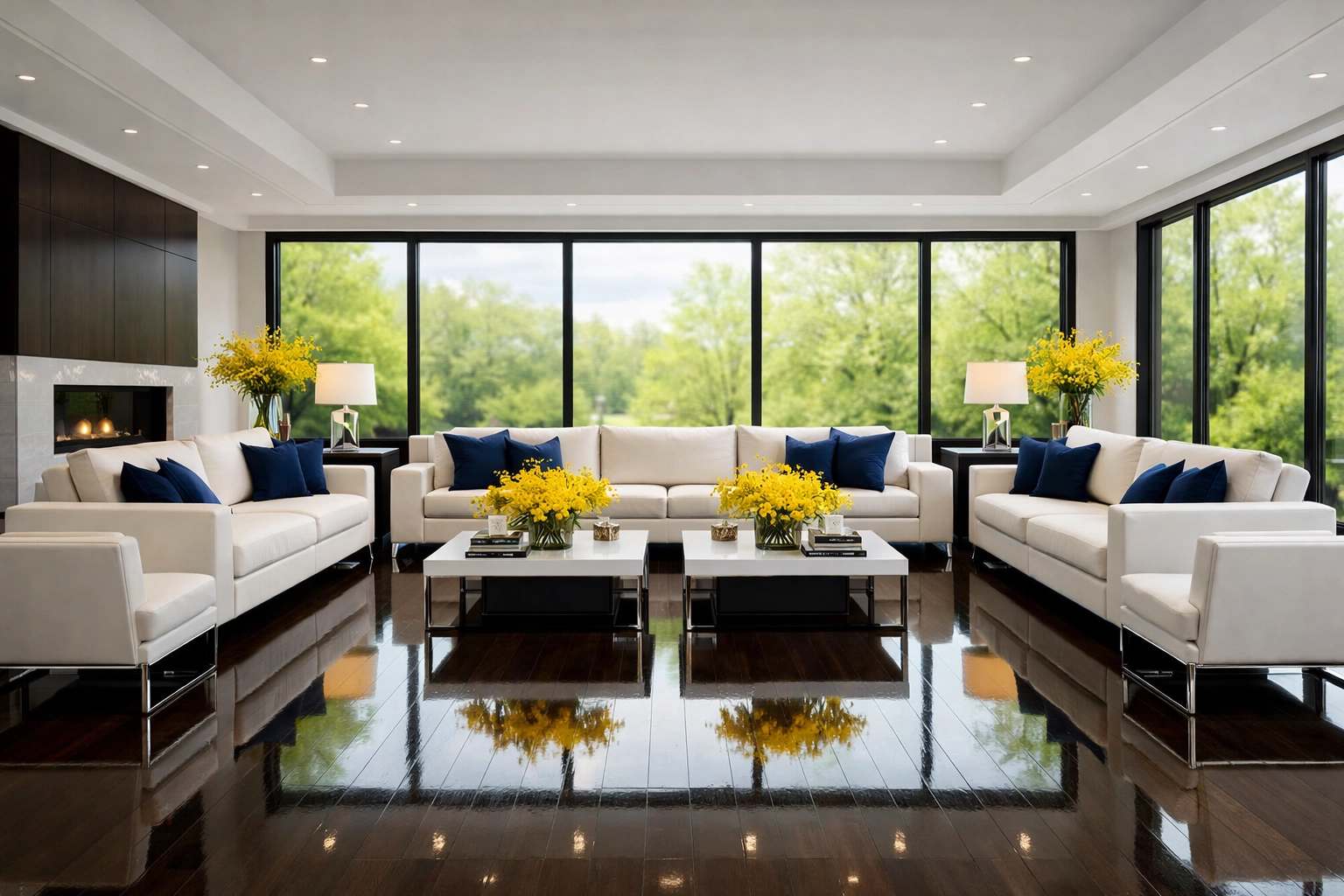 Spotless luxury house cleaning MA in a spacious Framingham living room with polished hardwood floors.