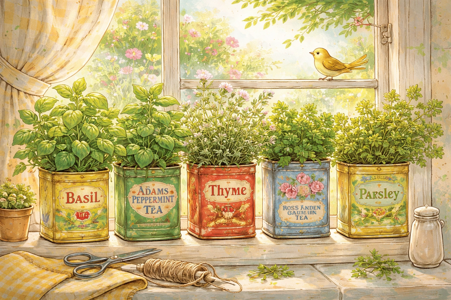 Thriving kitchen windowsill herb garden with basil, mint, thyme, and parsley growing in vintage tea tins