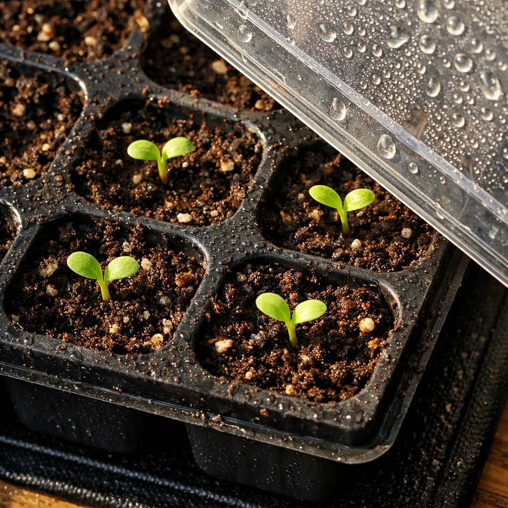 Eggplant seedlings sprouting on heating mat in seed cells