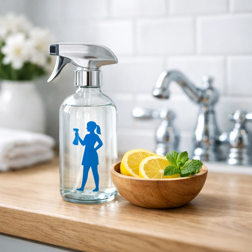 Eco-friendly house cleaning MA supplies in a pristine bathroom with white subway tiles and chrome fixtures.