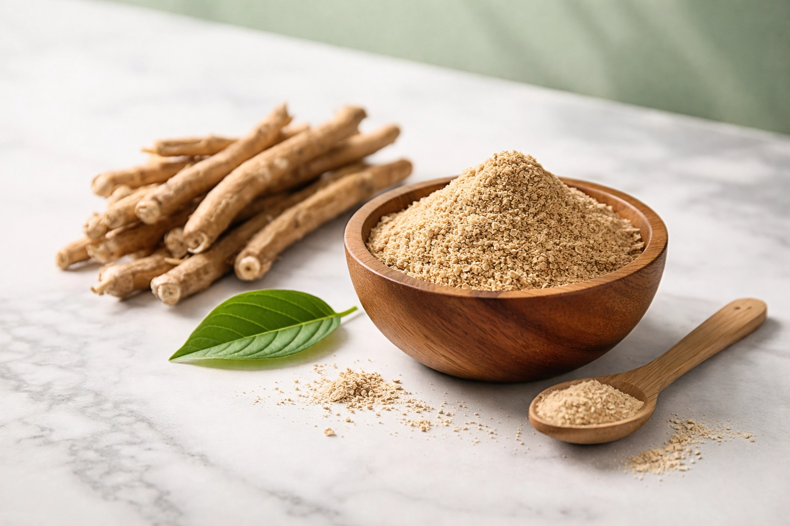Organic ashwagandha root and powder displayed on marble, ideal for stress relief and muscle recovery