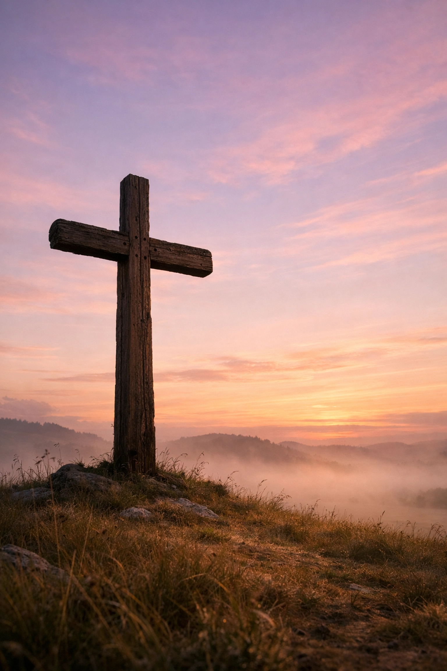 Wooden cross on hilltop at sunrise representing Christ-centered politics of suffering love