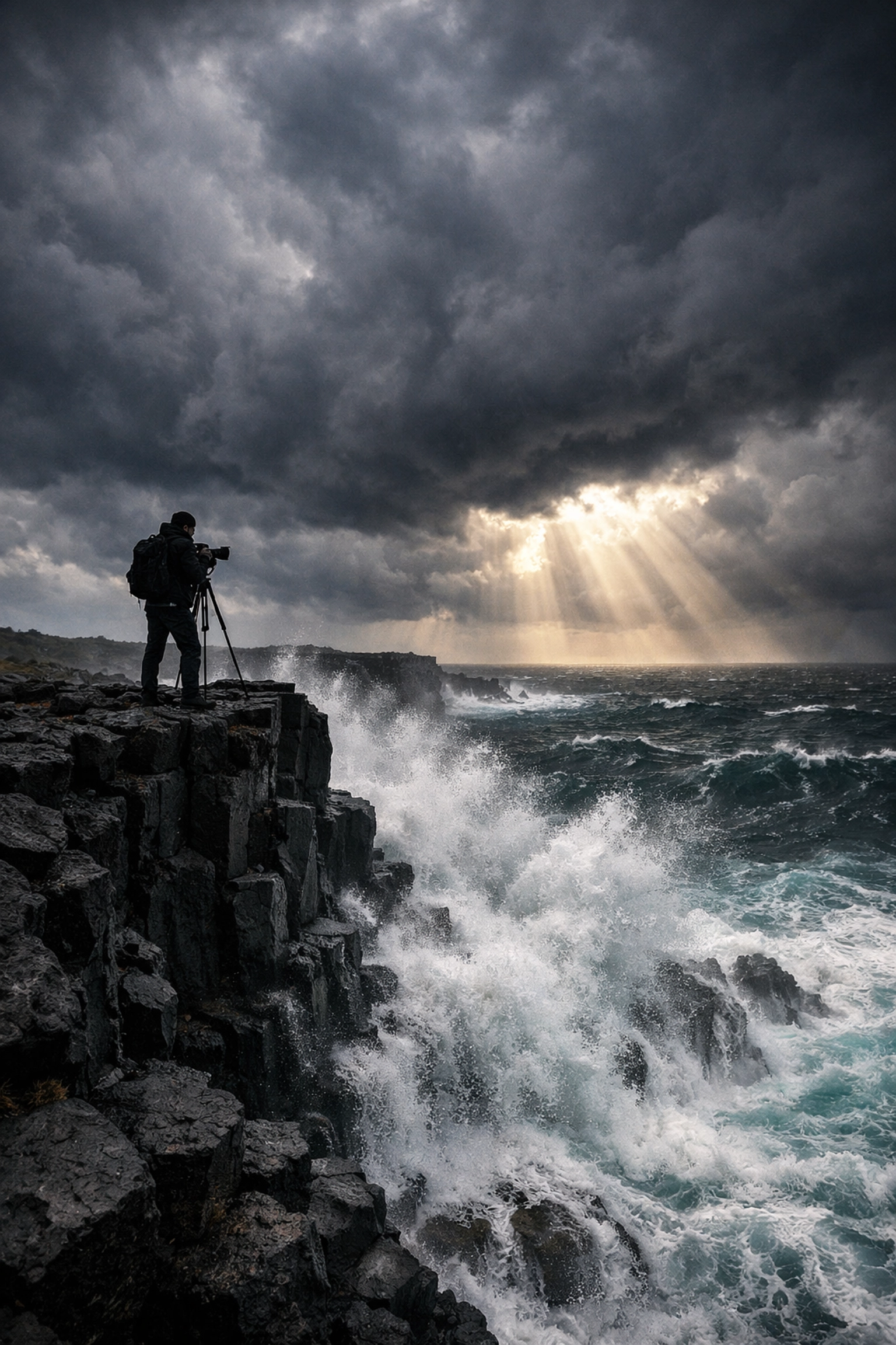 Photographer standing on a cliff edge in a storm, applying epic landscape photography tips.