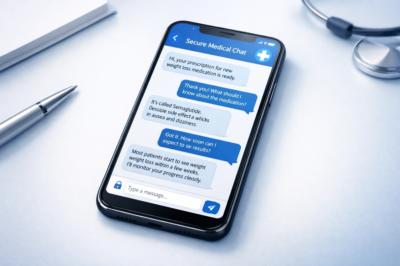 Smartphone displaying secure text-based weight loss medication consultation with online doctor