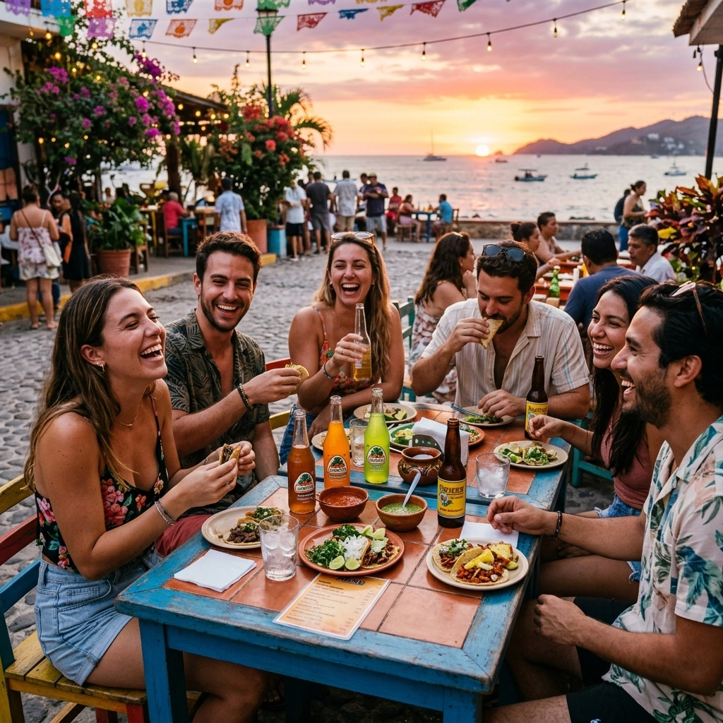 Friends eating tacos at an outdoor table in Amapas
