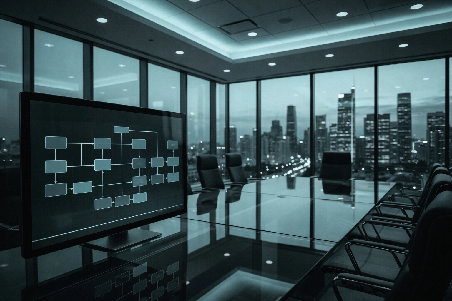 Modern boardroom with executive team reviewing SAP adoption roadmap on large digital screen at dusk