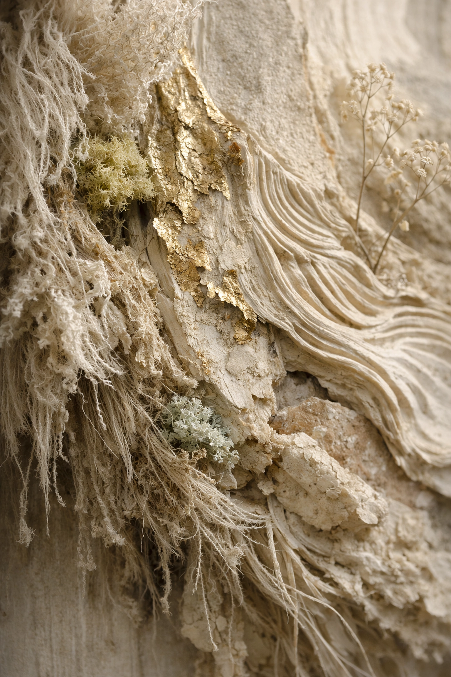 Close-up of intricate textures in a contemporary art installation on guided museum tours.