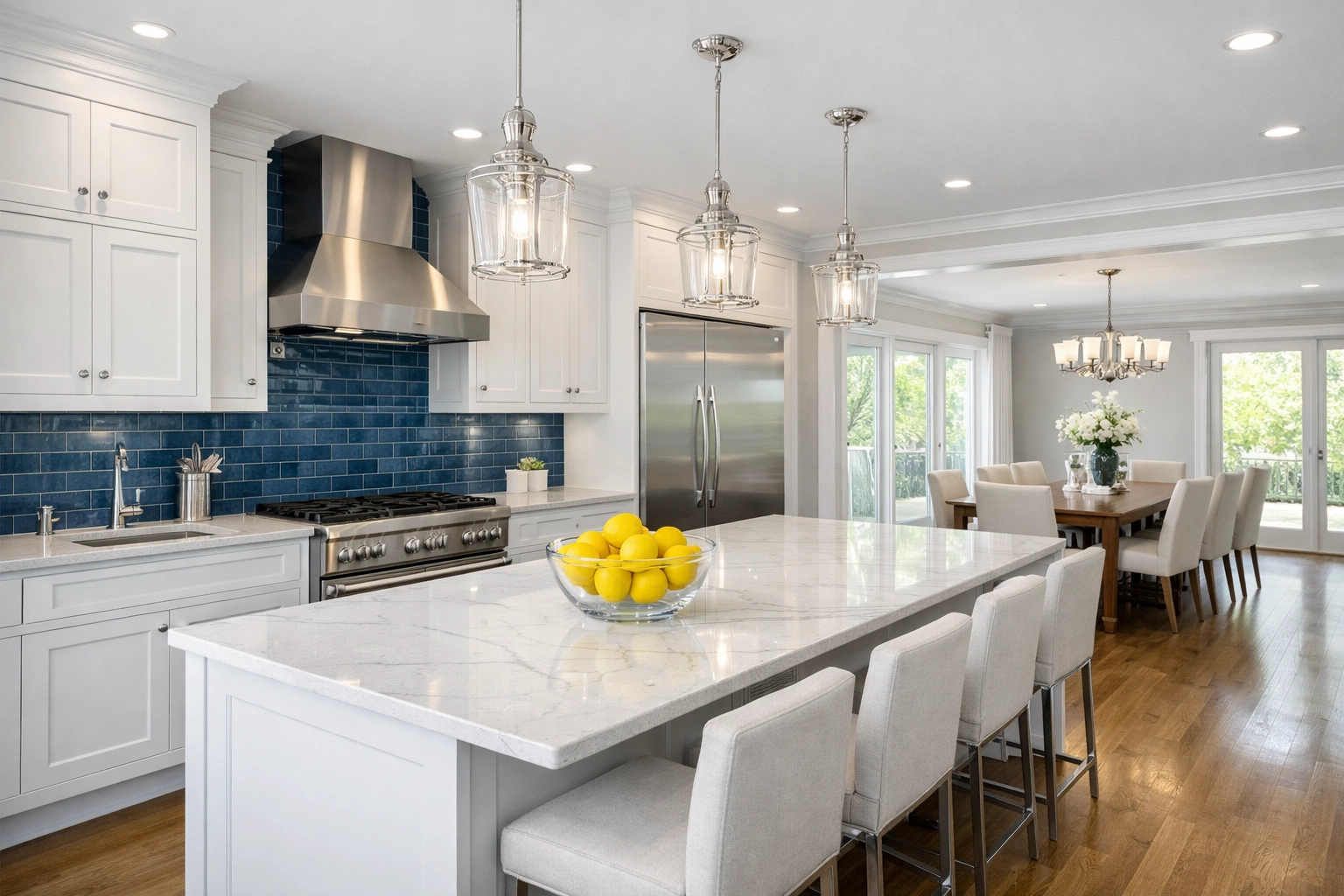 Impeccably clean luxury kitchen with white cabinetry maintained by top professional cleaners in Hopkinton.
