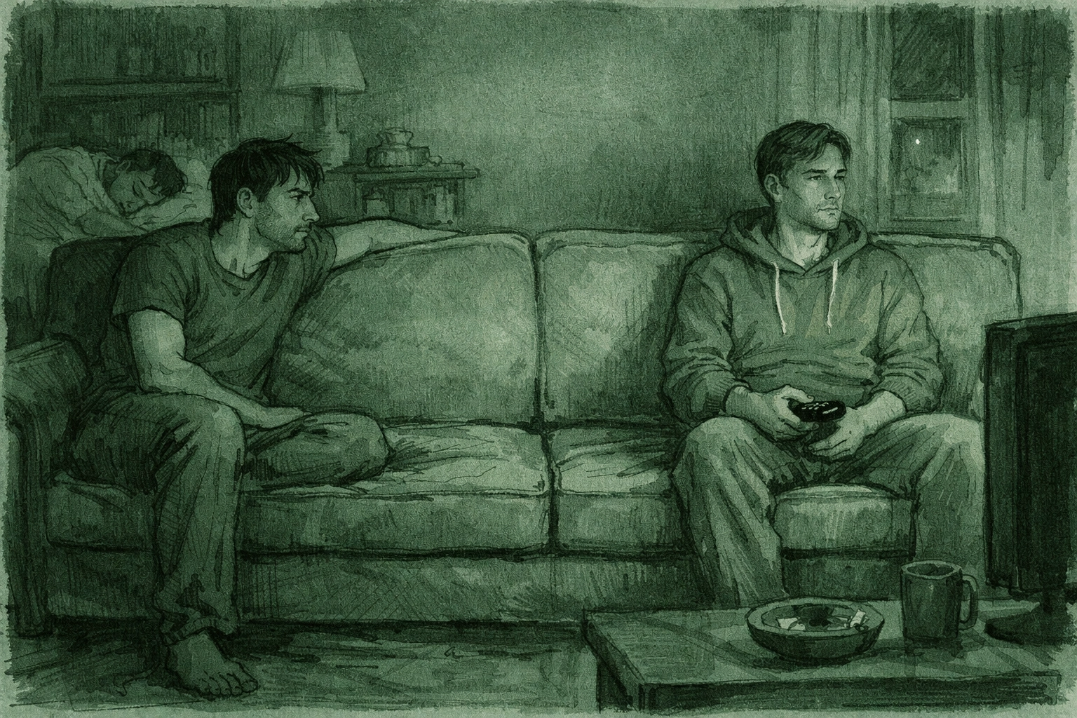 Two men on couch late at night depicting longing in forbidden MM love story