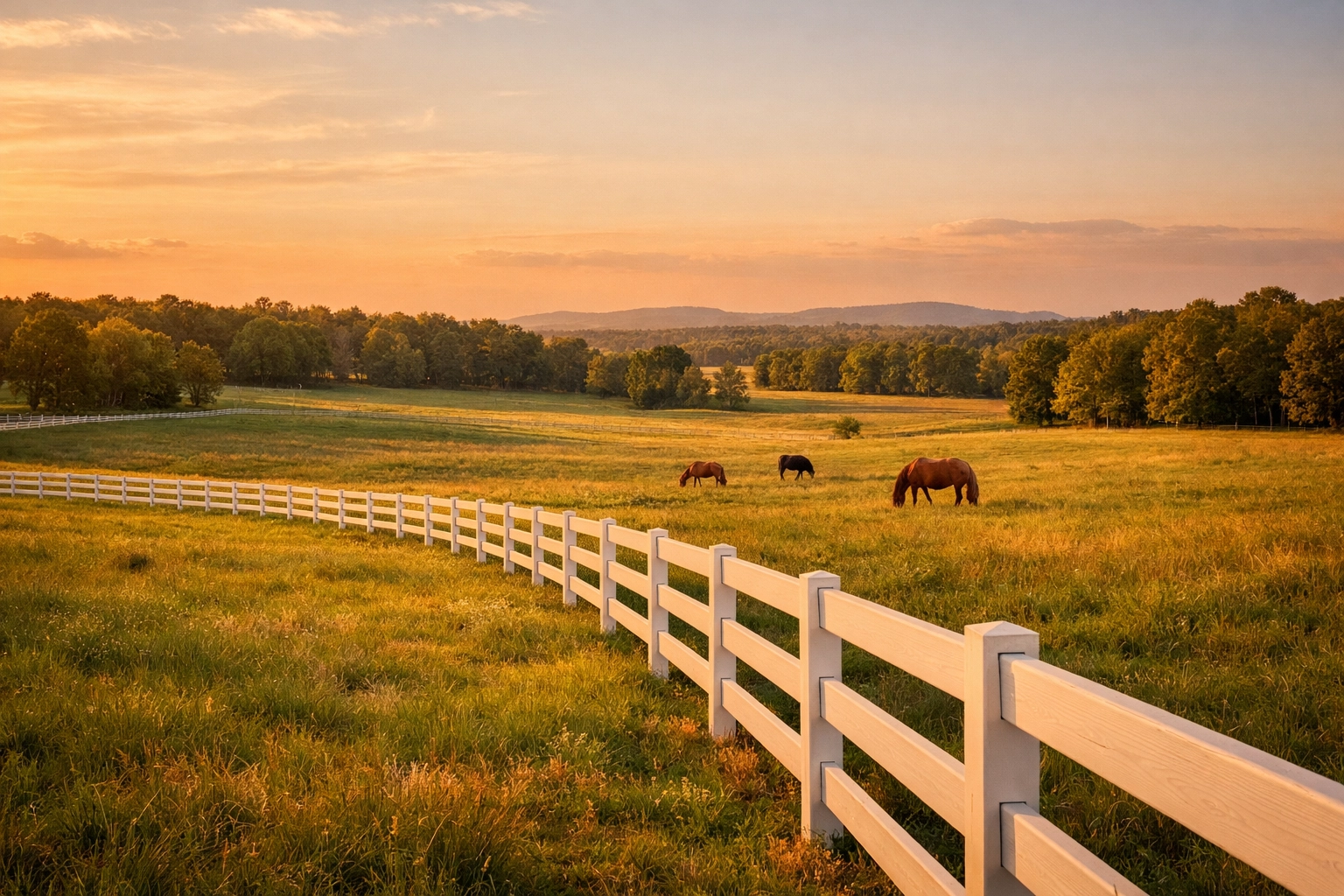 Horse farm pasture with white fencing in Union County near Charlotte NC