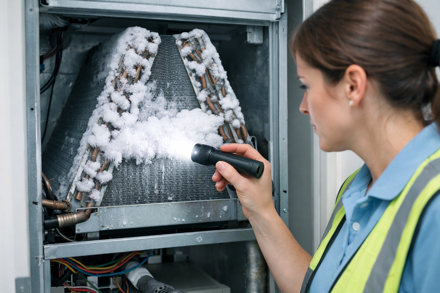 Frozen evaporator coil inspection during ac repair Florida service call